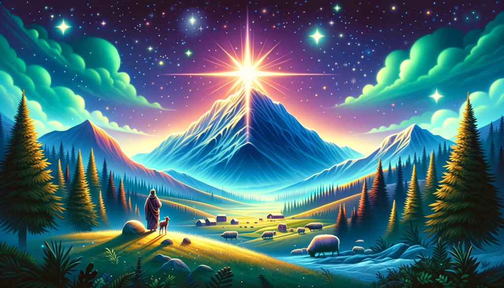 A vibrant, storytelling image depicting a picturesque mountain landscape under a starry night sky with a small, humble shepherd looking towards a bright, shining star, symbolizing the Annunciation to the Shepherds as described in the Gospel of Luke. The image should capture the essence of the Christmas carol 'Go, Tell It on the Mountain', representing themes of hope, joy, and the birth of Jesus Christ. The style should be warm and inviting, conveying a sense of peace and divine inspiration.