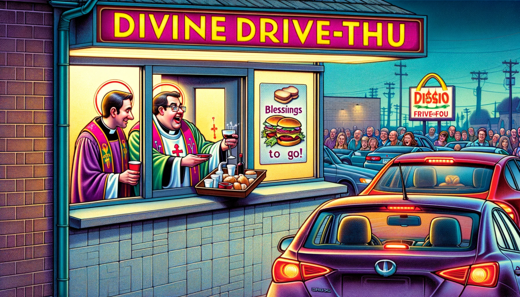 A comical and vibrant image depicting a reverend inside a typical fast-food restaurant, leaning out of the drive-up window to offer Communion. The reverend is holding a tray with bread and wine, symbolizing the elements of Communion. Outside the window, a line of cars waits, with drivers and passengers looking amused and surprised. The restaurant features a humorous sign, 'Divine Drive-Thru: Blessings to Go!', adding a lighthearted touch to the blend of sacred tradition and fast-food culture.