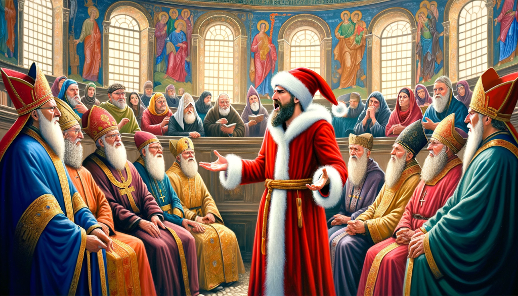 A dramatic and colorful depiction of the Council of Nicaea, showing a diverse group of early Christian bishops in heated debate. One bishop, standing and gesturing passionately, is dressed in a modern Santa Claus outfit, complete with a red suit, white fur trim, and a Santa hat, representing Saint Nicholas. The other bishops are dressed in traditional Byzantine robes, reflecting the historical setting. The hall is ornate, with Byzantine architecture. This scene captures the legendary incident of Saint Nicholas at the Council of Nicaea, blending historical and modern imagery.