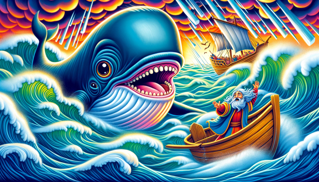 A colorful and child-friendly illustration of the story of Jonah, focusing on the moment he is swallowed by a large whale during a raging storm. The scene shows a vibrant and dramatic ocean storm, with a large, friendly-looking whale about to swallow Jonah. Jonah is depicted being thrown overboard by the sailors from a wooden boat, amidst high waves and gusty winds. The style is reminiscent of a children's storybook, with exaggerated, playful features and bright colors that appeal to a young audience, capturing the dramatic yet non-threatening essence of this biblical tale.