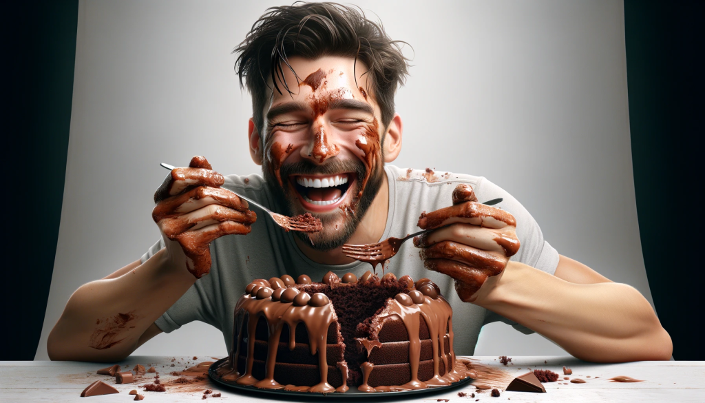 A photorealistic image of a man joyfully eating a German Chocolate Cake with his hands, no forks or spoons. The man has chocolate smeared all over his face, showcasing a big smile, as he indulges in the cake. The cake appears smashed and partially eaten, emphasizing the enjoyment. The scene should be lively and humorous, capturing the man's delight in the messy, hands-on eating experience. The image is in a 16:9 format.
