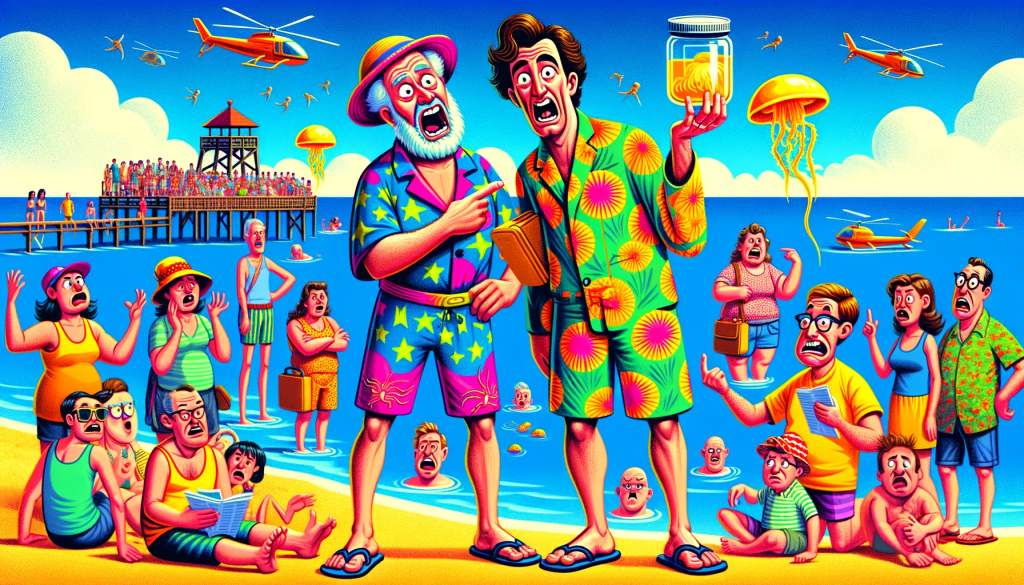 Create a comical, cartoon-style illustration of two men on a crowded beach in an exaggerated, humorous situation. One man, wearing a bright, patterned bathing suit, is comically displaying a jellyfish in one hand and pointing to a sting on his leg with the other. The second man, in a vividly colored bathing suit, holds a jar of yellow-colored water with a goofy, exaggerated expression. Around them, cartoonish beachgoers react with exaggerated expressions of shock, confusion, and humor. The scene is vibrant, colorful, and captures the awkwardness of the situation in a playful, animated style. Size: 1792x1024.