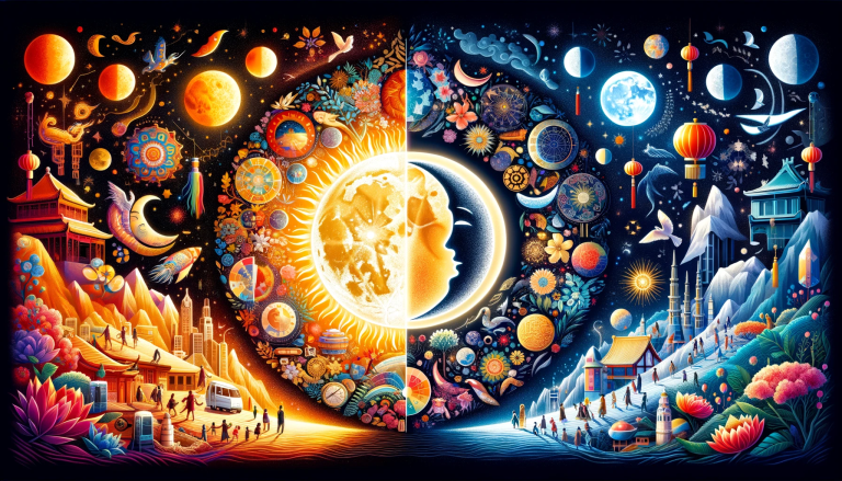 A colorful and balanced image depicting the contrast between the Solar and Lunar New Years. On one side, a bright sun representing the Solar New Year, with images symbolizing the Gregorian calendar, international celebrations, and global landmarks. On the other side, a glowing moon representing the Lunar New Year, surrounded by more universal symbols of lunar phases, night landscapes, and cultural diversity, without focusing heavily on Asian elements. The image should artistically and harmoniously blend these elements, capturing the essence of both celebrations in a celebratory and inclusive manner, with a diverse representation of people from different cultures.