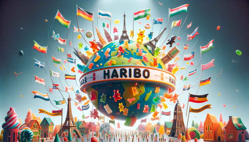 An image showing a whimsical globe with colorful banners flying from different countries to a central point, each banner showing a different phonetic pronunciation of 'Haribo'. Include playful elements like gummy bears marching around the globe, a few landmark buildings like the Eiffel Tower, Statue of Liberty, and Brandenburg Gate to represent different countries. The atmosphere should be festive and colorful, appealing to a sense of global unity through candy. Ensure the image is lively and full of motion, encapsulating a fun, international fair or carnival vibe.