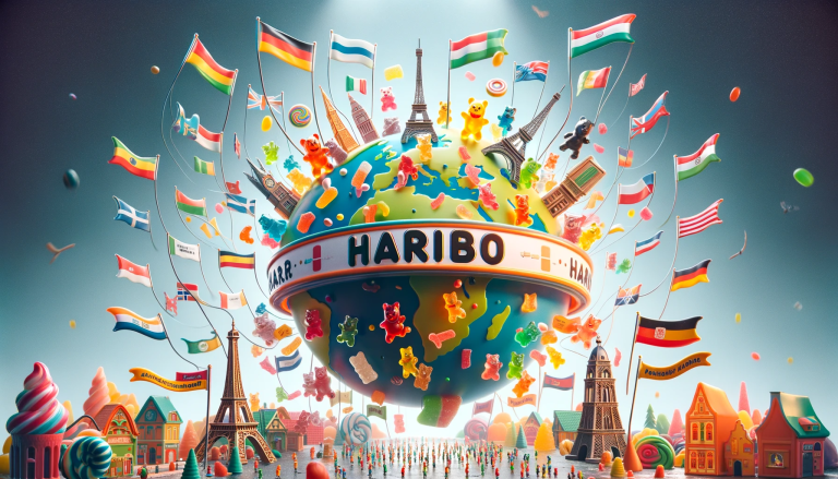 An image showing a whimsical globe with colorful banners flying from different countries to a central point, each banner showing a different phonetic pronunciation of 'Haribo'. Include playful elements like gummy bears marching around the globe, a few landmark buildings like the Eiffel Tower, Statue of Liberty, and Brandenburg Gate to represent different countries. The atmosphere should be festive and colorful, appealing to a sense of global unity through candy. Ensure the image is lively and full of motion, encapsulating a fun, international fair or carnival vibe.