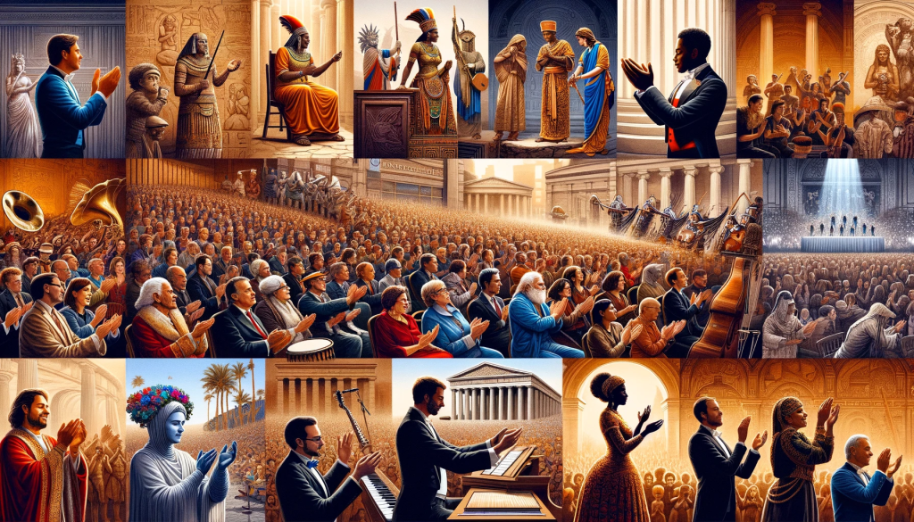 A collage showcasing the history and significance of clapping across different cultures and periods. The image includes scenes of ancient Egyptians clapping in a ritual, a Greek theater with an audience clapping, medieval royal court members clapping, a Renaissance theater audience applauding, a modern political rally with people clapping, and a contemporary concert with fans clapping. The collage also features diverse musical settings like a flamenco performance with clapping, a gospel choir with members clapping, and an African drumming circle with clapping, all blended harmoniously in a 16:9 format.