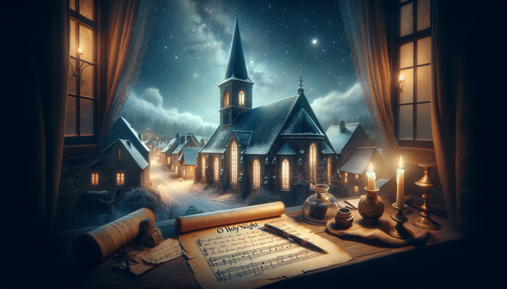 An atmospheric and artistic representation of the famous Christmas carol 'O Holy Night'. The image captures a serene, starry night sky over a small French village from the mid-1800s, reflecting the carol's origins. The village is lightly covered in snow, with a historic church prominently featured. The church is illuminated by soft light from within, suggesting a warm, inviting atmosphere. In the foreground, a vintage scroll or sheet of music, showing the title 'O Holy Night' in elegant script, rests atop a wooden table, alongside a quill and inkpot, symbolizing the carol's creation. The overall mood of the image is peaceful, evocative of the spirit of Christmas and the song's enduring message of hope and unity.