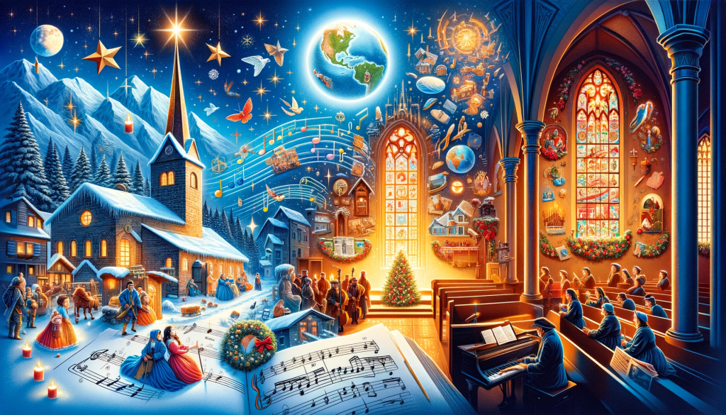 A vibrant and engaging illustration capturing the essence of the Christmas carol 'Silent Night'. The image shows its origin in a small Austrian church in 1818, its spread across the world, and its presence in modern culture. The scene should include visual elements like historical and contemporary settings, musical notes, and a globe to represent its global reach. The image should be rich in colors and details, suitable for a magazine article, in a 16:9 format.