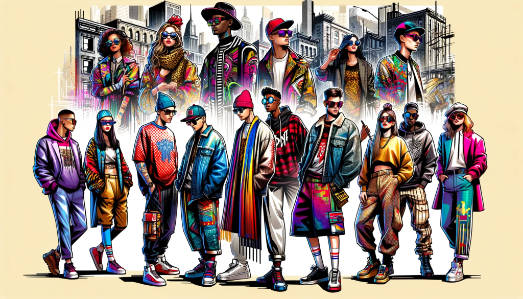 A vibrant and dynamic street scene showcasing diverse individuals with standout fashion styles, embodying the concept of 'drip'. These fashionable people are in an urban setting, with elements of hip-hop and modern urban culture visible. The scene is full of energy and color, illustrating the influence of 'drip' in contemporary fashion. Each person displays a unique and eye-catching outfit that exemplifies the slang term 'drip', showing a mix of trendy, stylish, and avant-garde clothing. The background is a cityscape with graffiti art, symbolizing the urban roots of the term.