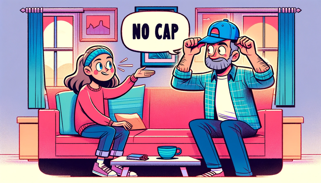 A humorous and colorful scene in a 16:9 format depicting a teenage girl trying to use the term 'no cap' in a conversation with her dad. In response, the dad, who misunderstands the slang, is taking off his baseball cap from his head with a puzzled expression. The setting is a cozy, casual living room, emphasizing a light-hearted and amusing family interaction.