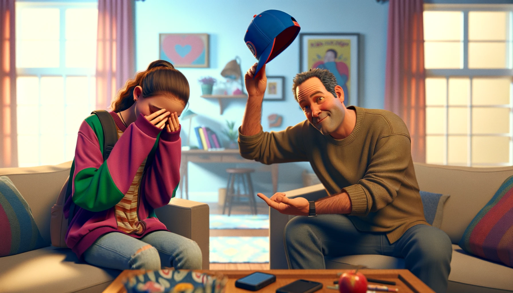 In a photorealistic style, create a humorous and colorful scene in a 16:9 format. It shows a teenage girl with her head down in embarrassment, attempting to use the term 'no cap' during a conversation with her dad. The dad, misunderstanding the slang, is taking off his baseball cap, which is worn backwards, from his head with a puzzled expression. The setting is a cozy and casual living room, emphasizing a light-hearted and amusing family interaction.