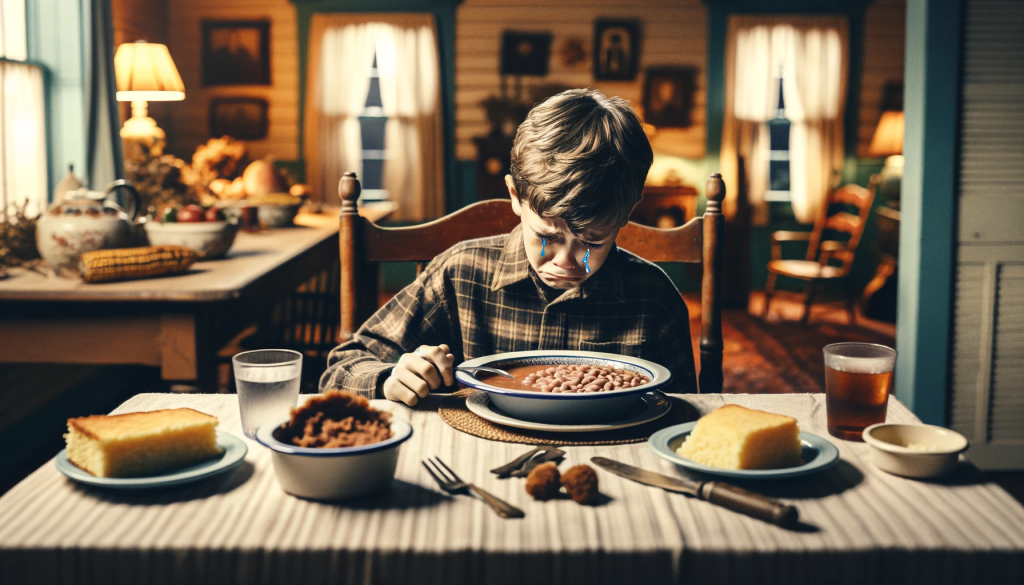A young boy sitting alone at a dinner table, visibly upset with tears in his eyes, staring at a bowl of ham and beans and a side of cornbread. The table is otherwise empty, emphasizing that he is the last one left because he refuses to eat his meal. The setting conveys a sense of reluctance and distaste for the food in front of him, encapsulating the feeling of being forced to eat something he dislikes. The image should capture the essence of childhood aversion to certain foods, with a focus on the emotional experience of the boy. The room should look like a typical family dining room, with warm and homey elements, yet the boy's expression and the untouched food should be the focal points, highlighting his strong dislike for the meal. The image should be in a 16:9 ratio, suitable for a story-telling visual.