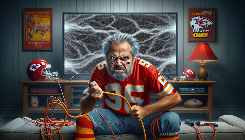 A photo-realistic image of a grumpy looking man in Kansas City Chiefs colors trying to connect a coaxial cable and a network cable together. The man appears frustrated and confused. In the background, there is a big screen TV displaying nothing but gray fuzz, indicating no reception. The setting is a living room, with some football memorabilia in the background to emphasize the football theme. The overall atmosphere is humorous, depicting the man's struggle with technology and his eagerness to watch the game.