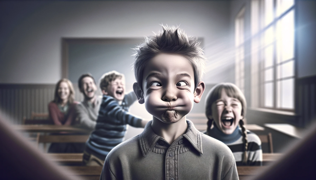 A photorealistic image showing a child in the center making a silly, cross-eyed face. Behind him, another child is laughing and it appears as if he just hit the first child in the back quite hard. The setting suggests a playful and innocent childhood moment, capturing the essence of the old wives' tale about making a face and having it stick. The focus is on the children's expressions, showcasing the humor and mischief typical of young friendships. The background should be simple and not distract from the main scene.
