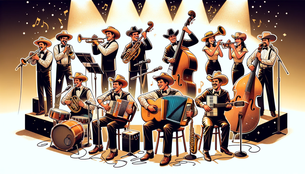 An illustration of a lively band performing on stage, featuring a diverse ensemble of musicians. The band includes two trumpet players, a baritone player, a diatonic accordion player, a bajo sexto player, a double bass player, a drummer on a drum set, and a saxophone player. Additionally, there are four singers dressed in cowboy hats and cowboy shirts, adding to the festive and vibrant atmosphere of the scene. The stage should be depicted with bright lighting and a sense of energy, capturing the essence of a dynamic musical performance.