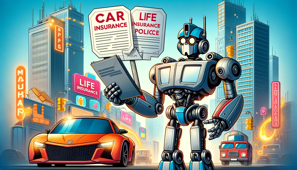 Create an image of a cartoonish robot looking comically puzzled while holding both a car insurance policy and a life insurance policy, with a backdrop of a bustling futuristic city. The robot is standing next to a vehicle that looks suspiciously like part of its own transformed body. The scene should be colorful, light-hearted, and filled with humorous details that suggest the robot is contemplating the complexities of insurance for Transformers. The image should be in a 16:9 format, lively and engaging, to match the article's humorous tone.