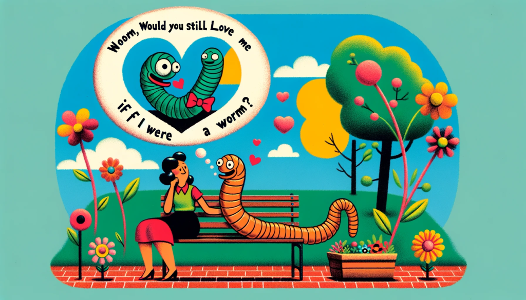 a humorous and whimsical scene of a couple sitting on a park bench, the woman imagining her partner as a cartoonish worm wearing a bow tie and holding a tiny heart. The image should illustrate the absurdity of the situation, with exaggerated expressions of affection and love. The park should be colorful and filled with other whimsical elements like oversized flowers and a bright blue sky, emphasizing the light-hearted and surreal nature of the 'Would you still love me if I were a worm?' question. The image should be in 16:9 format, colorful, and fill the entire frame without color bars on the edges.