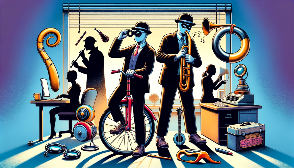 A humorous and colorful illustration capturing the essence of a playful investigation into whether two individuals are secret agents. The image features a unicycle, a computer setup, a kazoo, and symbolic elements like magnifying glasses, disguises, and shadowy figures to represent the mystery of uncovering secret agents. The setting is an office environment with a whimsical and light-hearted tone, incorporating elements of mystery and humor.