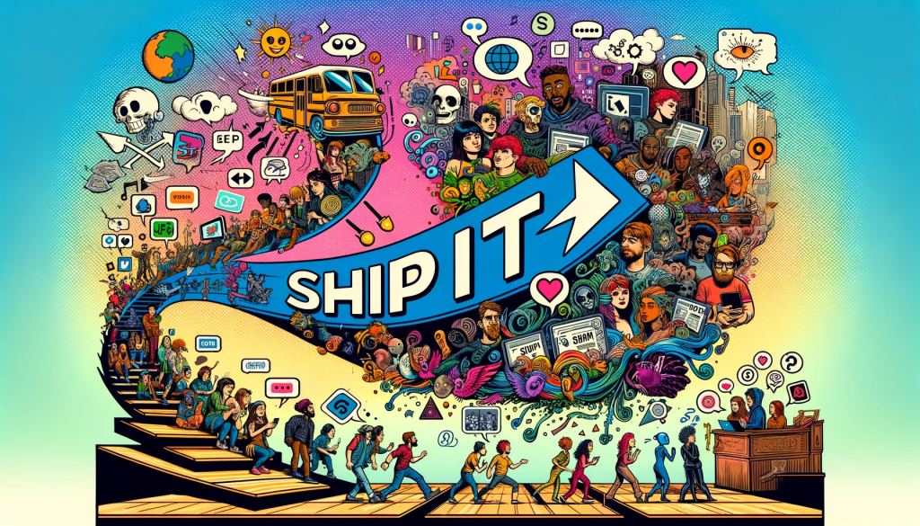 An imaginative and colorful illustration representing the journey of the slang term 'ship it' from its origins in online fandom communities to mainstream usage in everyday conversations. The image should depict a metaphorical journey, with elements like comic book style speech bubbles containing the word 'ship it,' diverse groups of people of different ages using the term in various social contexts, and symbols representing digital culture and social media. The overall theme should be playful and engaging, reflecting the evolution of language in a modern, connected world.