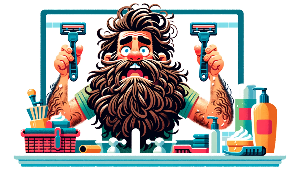 A humorous illustration of a very hairy man holding a razor, with a look of surprise and regret on his face, as if he made a big mistake. The man is covered in a thick layer of hair, emphasizing the humorous aspect of excessive hairiness. No other characters are needed in the scene. The setting should be a bathroom, with the man standing in front of a mirror, surrounded by various shaving accessories like shaving cream, though he's not using any. The image should be colorful and engaging, in a 16:9 format, filling the entire frame without color bars on the edges.