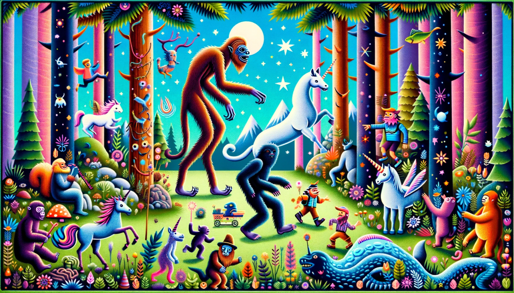 A whimsical and colorful image of a skinwalker in a lighthearted forest setting, engaging in humorous activities with other mythical creatures like unicorns, sasquatches, and the Loch Ness monster. The scene is filled with vibrant colors and lively details, capturing a fun and imaginative atmosphere. The skinwalker is interacting in a playful manner with the other creatures, creating a sense of joy and whimsy in a mythical forest environment, with the entire frame filled without any color bars on the edges.