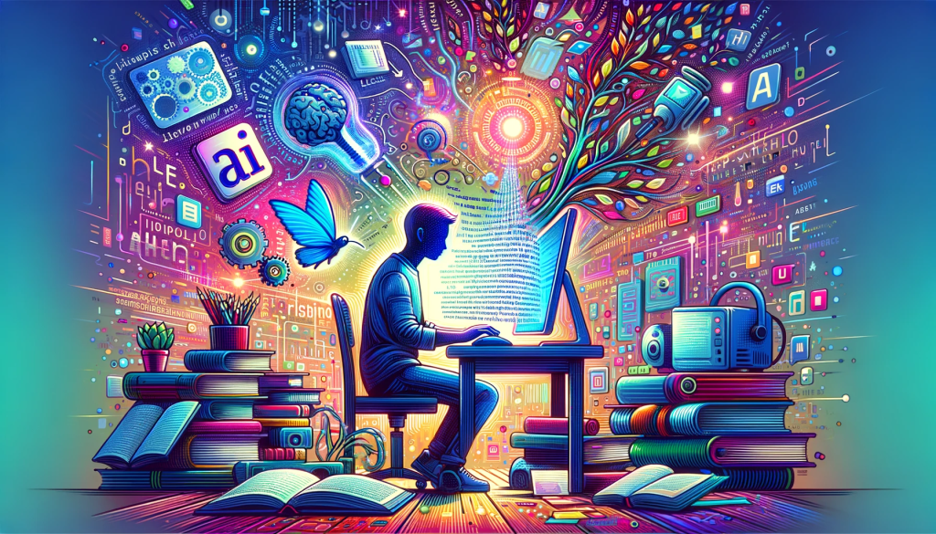 A colorful, story-telling illustration in a 16:9 format, depicting a person sitting at a desk, surrounded by books and a computer, with AI-generated text floating around them, creating a bridge between technology and human creativity. The scene should be vibrant and filled with light, symbolizing the fusion of technology and personal touch in creative writing.