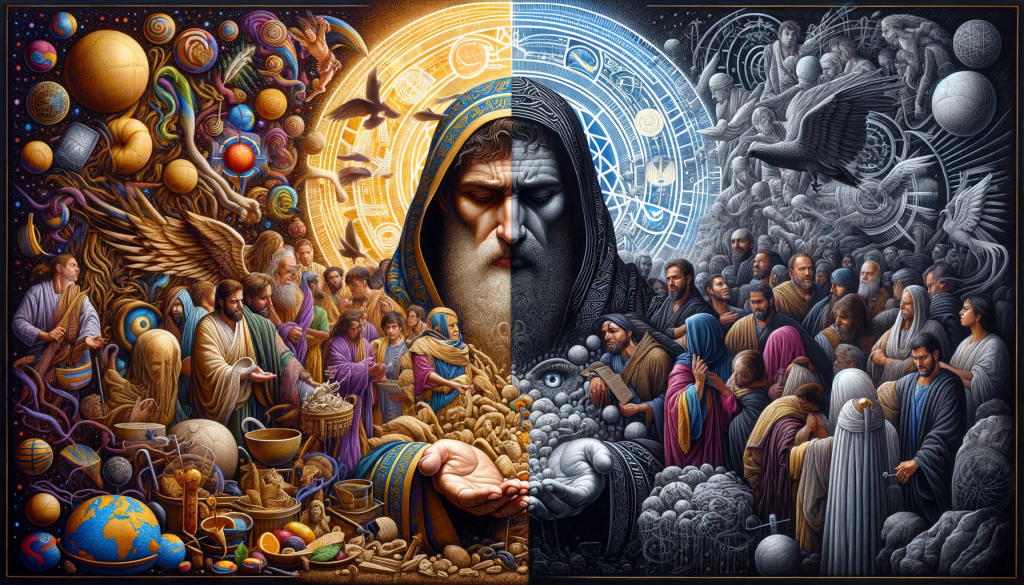 A conceptual image depicting the themes of justice and injustice. On one side, the prophet Habakkuk, depicted as a Middle-Eastern man in ancient robes, is seen in despair, surrounded by symbols of chaos and disorder, representing his struggle with the concept of justice. On the other side, a representation of the New Testament era, showing a diverse group of people gathering around a figure embodying Jesus, who is teaching and comforting them. The background should blend from dark, chaotic elements on Habakkuk's side to a more peaceful, light-filled setting on the New Testament side, symbolizing the transition from despair to hope and from injustice to divine justice. The entire image should tell a story of the journey from questioning justice to finding answers in the teachings of Jesus, filling the entire frame without color bars on the edges.