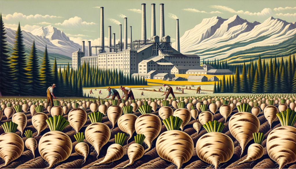 An illustration showcasing a sugar beet farm with a factory in the background, set in a Montana landscape. The scene includes fields with farmers harvesting tan-colored, white, conical-shaped sugar beets, resembling large parsnips or bulky carrots. The beets have a rough surface and taper to a point at the bottom. In the background, there are no palm trees, but instead, mountains and trees native to Montana, like pines and firs, reflecting the region's natural beauty. The sugar beet factory is prominent, symbolizing the importance of this crop in the agricultural industry. The style should be realistic and detailed, capturing the essence of sugar beet farming in a temperate climate.