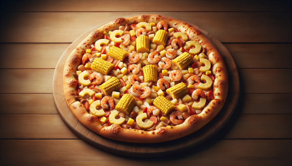 A realistic, high-quality photo of a pizza with a variety of unusual toppings, including pineapple, but explicitly excluding corn and shrimp. The pizza should be the central focus, looking delicious and inviting. It should be placed on a wooden kitchen table, suggesting a warm, family setting. The image should capture the essence of creativity and personal preference in pizza toppings, emphasizing the fun and diversity of choices in a light-hearted manner.