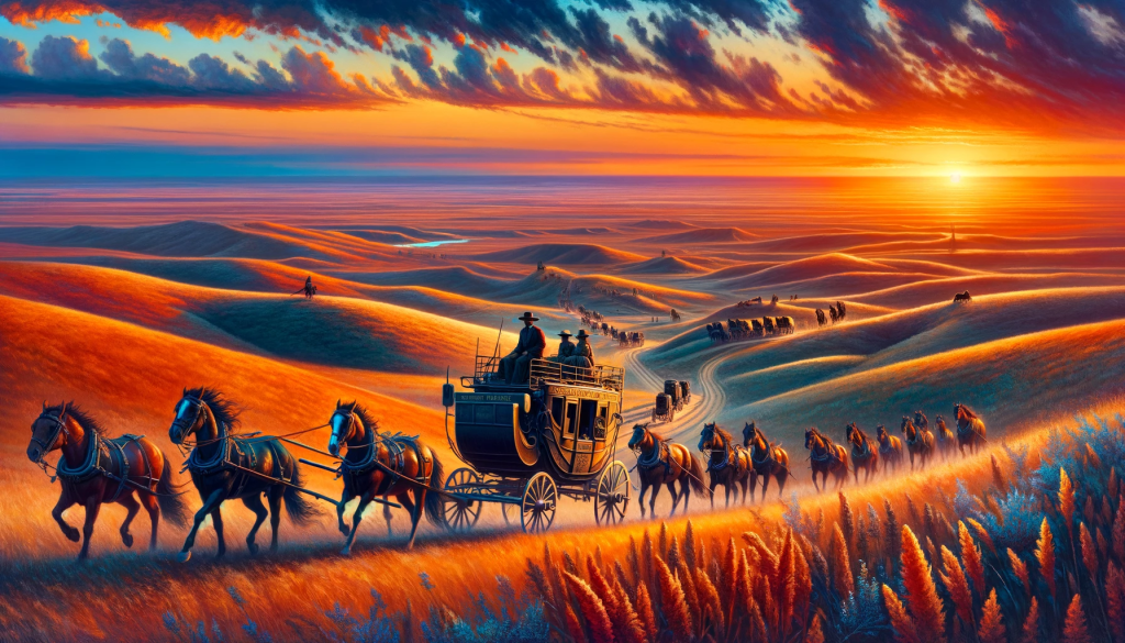 Create an image depicting a scene from the historic Butterfield Overland Despatch. In the foreground, a stagecoach is depicted moving towards the horizon on the rolling hills of the Kansas prairie. The time is sunset, with the sky ablaze with vibrant colors reflecting off the prairie. On a hill overlooking the stagecoach, a group of Native Americans on horseback is silhouetted against the sunset sky, observing the stagecoach's journey. The image captures the essence of the American West during the era of westward expansion, combining elements of adventure, the vastness of the prairie, and the presence of Native American tribes who were the original inhabitants of these lands.