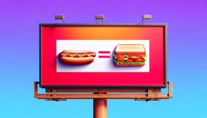 Design a simple yet striking billboard poster in 16:9 format featuring a hot dog on the left side, followed by an equals sign in the center, and then a sandwich on the right side. The background should be vibrant and eye-catching, ensuring the focus is on the bold statement being made. This poster visually communicates the idea that a hot dog is equivalent to a sandwich, embodying the spirit of culinary equality and the debate around food classification. The design should be minimalistic but impactful, capturing the viewer's attention and conveying the message clearly and effectively.