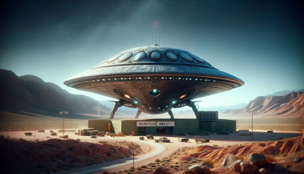 Create a photo-realistic image depicting Bob Lazar's claims, featuring a highly detailed alien spacecraft, the secretive Area 51 in the background, set in the Nevada desert. The image should evoke a sense of intrigue and secrecy, with realistic textures and lighting that mimic a real photograph. The spacecraft should reflect advanced technology, with elements like anti-gravity propulsion visible, and the Area 51 base portrayed with accurate military detail, all captured in a way that feels authentic and plausible.