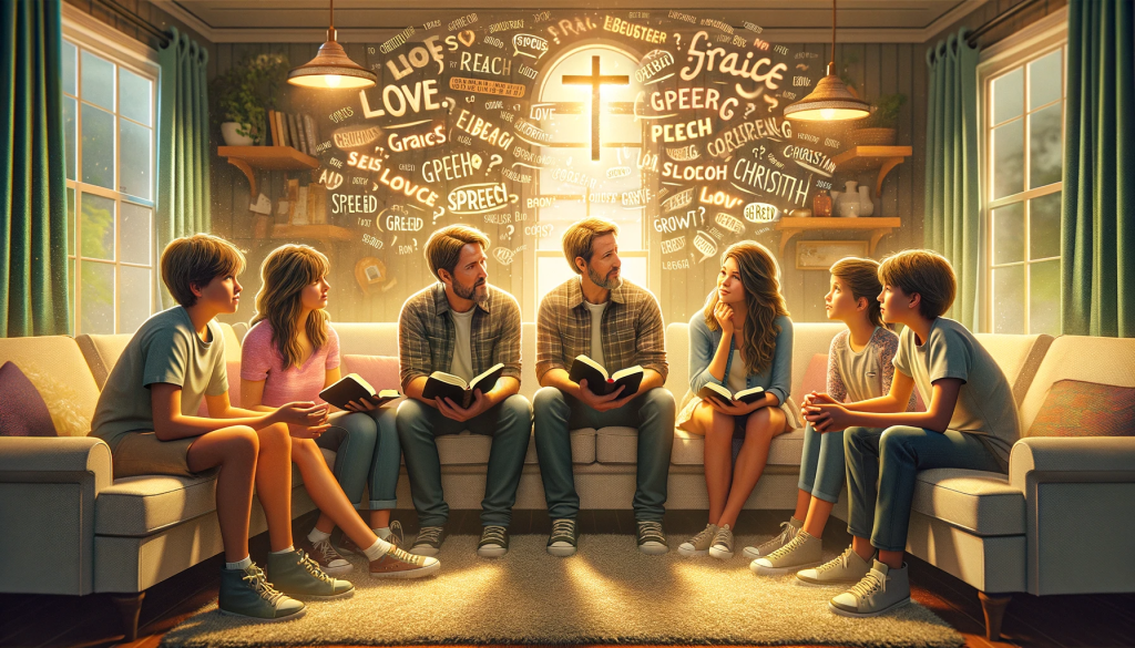 A digital illustration representing a Christian family sitting together in their living room, engaging in a thoughtful discussion. The family is diverse in age, showing parents, teenagers, and younger children, all with open Bibles on their laps. They are surrounded by words floating in the air around them, words like 'love', 'grace', 'speech', and 'growth', along with question marks, symbolizing their conversation about language and its impact on faith and Christian living. The atmosphere is warm and inviting, with soft lighting illuminating the room, highlighting the faces of the family members as they communicate openly and respectfully with each other. The room has a cozy feel, with comfortable furniture and a few homey decorations, such as a cross on the wall and a plant in the corner, creating a space that feels safe for open dialogue. The image is in a 16:9 format, filling the entire frame without color bars on the edges.
