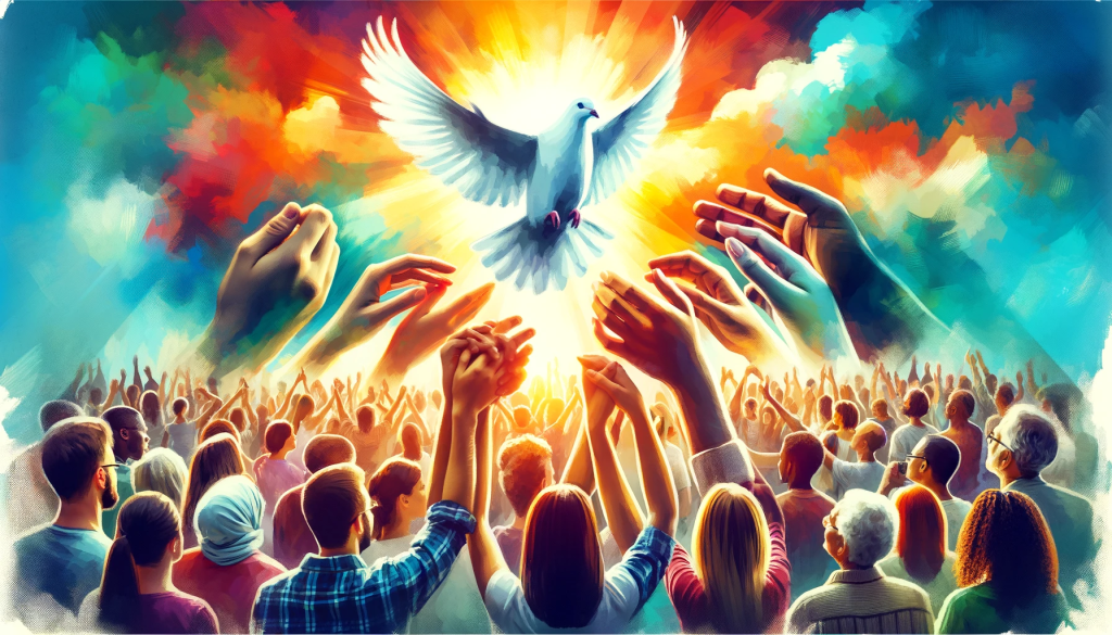 A vibrant, story-telling image in 16:9 format showing a diverse group of people gathered together, with hands united and a dove above, symbolizing the unity and presence of the Holy Spirit in the Christian community.