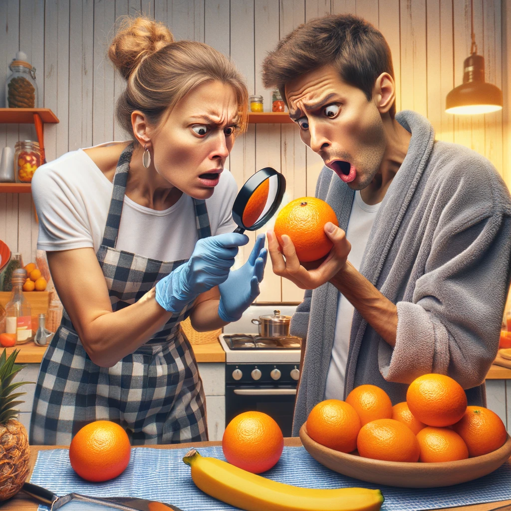 Create a humorous and lighthearted image depicting a person examining oranges for lumps, mirroring the way one might check for signs of health issues in a comedic fashion. The scene is set in a bright and colorful kitchen. One person is holding an orange, closely inspecting it with a focused, exaggerated expression of concern. Suddenly, they discover a lump on the fruit and turn to their friend with a look of shock. The friend, standing nearby, mirrors the expression of surprise and shock, creating a funny and exaggerated moment of mutual astonishment. The background is filled with other fruits and kitchen items, adding to the playful and exaggerated setting of the scene.