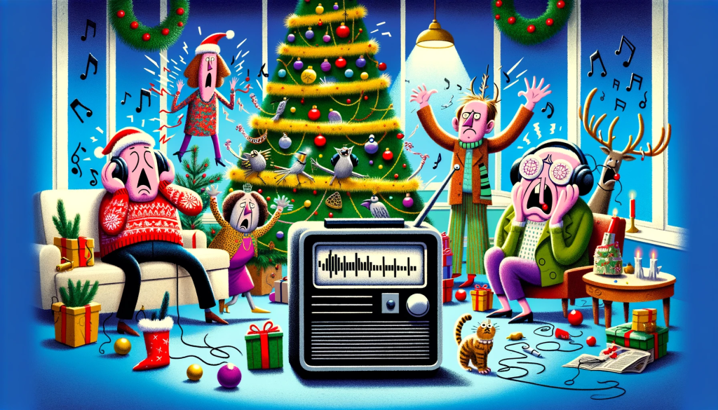 A whimsical and exaggerated holiday scene showing people reacting humorously to hearing 'Last Christmas' by Wham! on the radio. Characters in the image should display a range of comedic expressions of dismay, confusion, and exaggerated despair, with one person dramatically covering their ears. The setting is a festive but chaotic living room, over-decorated with Christmas decorations, including a tree that's leaning from the weight of too many ornaments, tangled lights, and an overwhelmed cat. The radio, the source of their dismay, sits prominently in the scene, with musical notes that visibly convey the tune of 'Last Christmas,' adding to the chaotic humor of the holiday atmosphere.