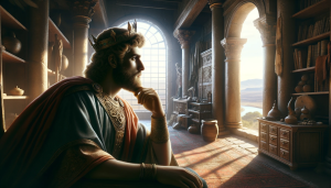 Create an image showing King David in an ancient temple, deep in thought, looking out of a window towards a peaceful horizon. The scene should focus on King David's contemplative expression and the historical interior of the temple, rich with artifacts from his era. The image should evoke a sense of prophecy and reflection but should not include any specific future events or figures outside the window, maintaining respect and abstraction. The atmosphere should be serene, highlighting themes of hope and foresight. Use a 16:9 format, filling the entire frame without color bars on the edges.