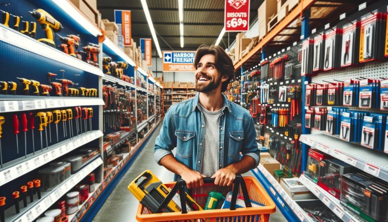 A delighted DIY enthusiast exploring the colorful and well-stocked aisles of a Harbor Freight store, filled with tools, equipment, and various items. The person is holding a shopping basket, looking at different tools with a look of satisfaction and curiosity. The environment is vibrant and welcoming, embodying the essence of a DIYer's paradise. There are signs displaying discounts and promotions, and the atmosphere is one of discovery and joy. The scene is set in a friendly, accessible manner, capturing the spirit of the Harbor Freight shopping experience in a 16:9 format.