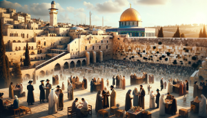 Imagine a scene capturing the essence of Jerusalem's Temple Mount during Passover, with diverse groups of people coming together in harmony. The image should illustrate the ancient walls of the Temple Mount and the Al-Aqsa Mosque's distinctive silhouette in the background. Visible in the foreground, a mixture of individuals representing different faiths - Jews, Muslims, and Christians - are engaging in peaceful dialogue or joint prayer, highlighting the site's universal significance. The atmosphere is serene, emphasizing a hopeful vision for coexistence and mutual respect among different religious communities. The scene should be bathed in the soft, golden light of sunset, casting long shadows and giving the ancient stones a warm glow, enhancing the feeling of timelessness and spiritual connection. This image is intended to accompany a magazine article focused on the shared sacredness of the Temple Mount and the potential for peace and unity amidst diversity.