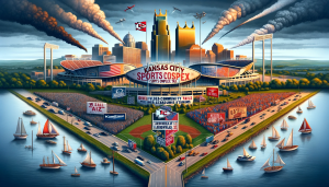 Create a 16:9 image that visually represents the controversy and discussions surrounding the Kansas City sports complex tax, including elements such as divided community opinions, potential for the teams moving, and the impact on iconic stadiums like Arrowhead and Kauffman. The image should encapsulate the complexity of the situation, the involvement of the Chiefs and Royals, and the city's landscape in the background. This should be a conceptual, detailed artwork that captures the essence of the debate and the emotional investment of the Kansas City community.