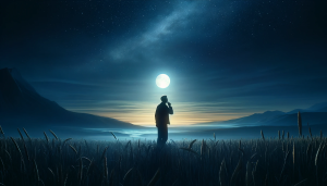 A realistic scene depicting a serene night under a vast, starry sky. A single person stands in a field, silhouetted against the moonlight, hesitating to whistle, as if mindful of the old wives' tale that warns against it. The atmosphere is calm and slightly mysterious, with the moon casting a soft glow over the landscape and illuminating the person from behind. The composition should be in a 16:9 format, capturing the expansive beauty of the night sky, the detailed texture of the grass underfoot, and the thoughtful pose of the person. The style should be photorealistic, capturing the moment with clarity and depth, highlighting the connection between folklore and the natural world.