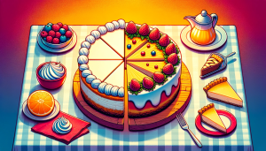 Create a vibrant, storytelling image that depicts the essence of the cheesecake debate, showing elements of both cakes and pies in a whimsical and engaging manner. The scene should include a cheesecake that's half-dressed as a traditional cake with frosting and half as a classic pie with a visible crust, set on a table that's divided between a cake stand and a pie dish. This playful juxtaposition should capture the reader's imagination and draw them into the sweet discussion. The image should be in a 16:9 format, colorful, and fill the entire frame without color bars on the edges.
