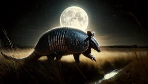 A giant armadillo-like creature called the Prairie Nightcrawler on the Kansas prairies at night, meeting specific traits. The creature is sleek, medium-sized, with a reflective, shimmering coat that makes it blend into the tall grass under moonlight, resembling an oversized armadillo. It emits haunting calls that mimic the wind. The scene is set near a natural water source with dense underbrush, where it typically makes its home. The full moon casts a light that reveals its silhouette against the prairie sky, creating a mystical and eerie atmosphere. The image is in a 16:9 format.