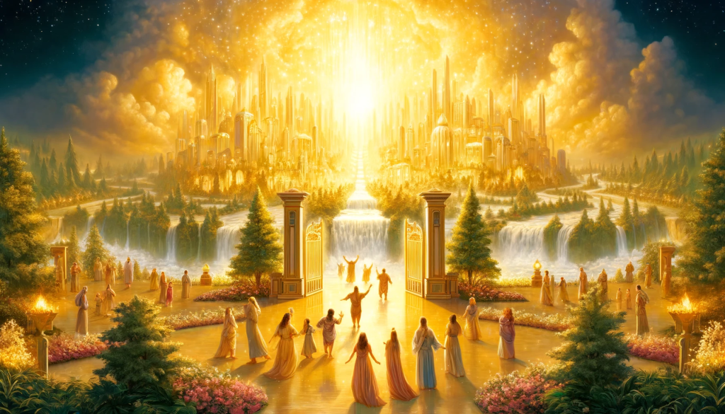 Illustration representing heaven as described in the Bible, featuring the New Jerusalem with radiant golden streets, gates made of pearls, and a sense of divine peace and fulfillment. People are joyfully walking together in harmony, surrounded by trees and flowing waters. The whole scene is illuminated by the bright, glorious presence of God, shining with purity and radiance.
