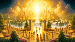 Illustration representing heaven as described in the Bible, featuring the New Jerusalem with radiant golden streets, gates made of pearls, and a sense of divine peace and fulfillment. People are joyfully walking together in harmony, surrounded by trees and flowing waters. The whole scene is illuminated by the bright, glorious presence of God, shining with purity and radiance.