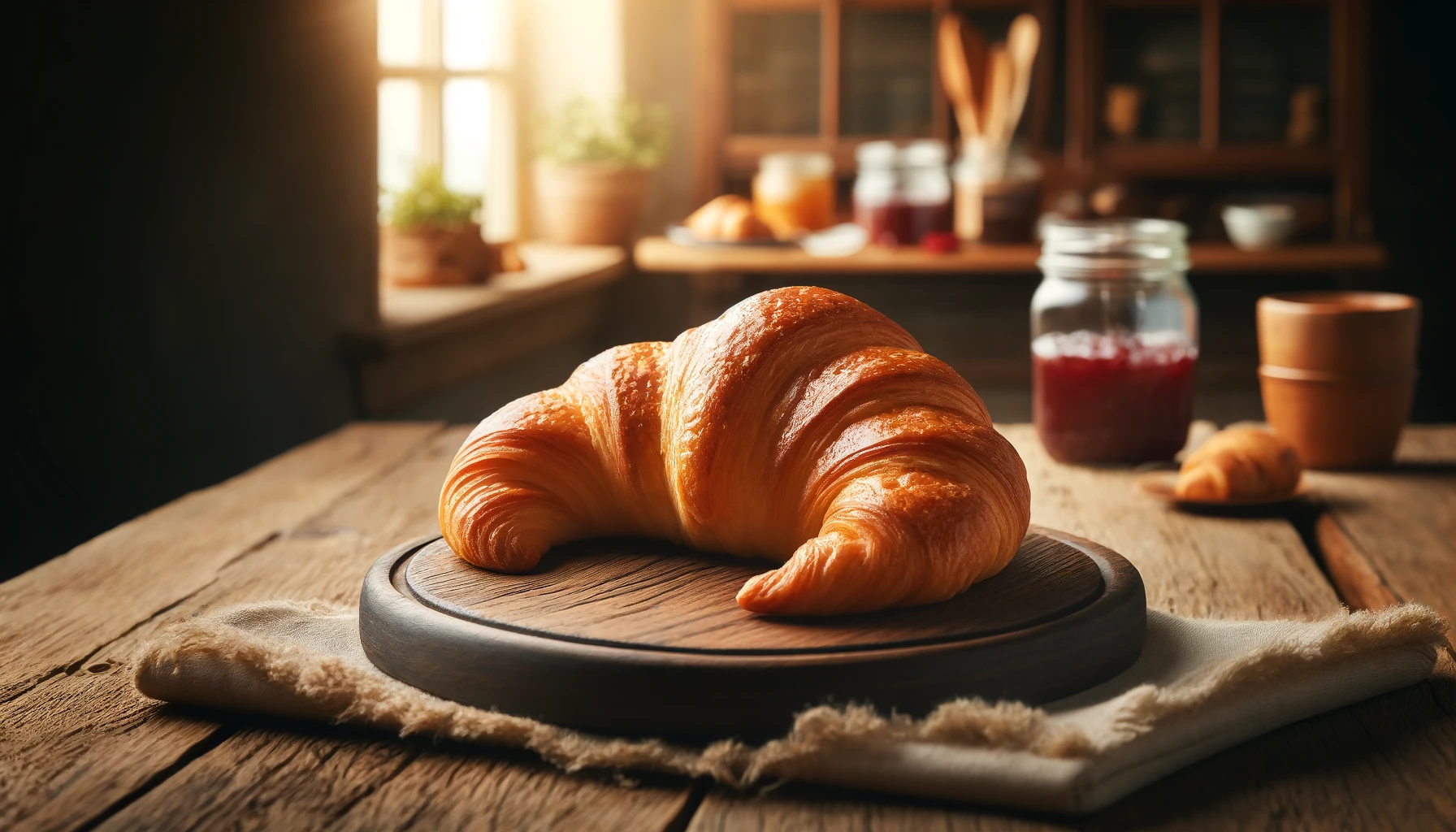 A traditional curved French butter croissant, golden brown and flaky, placed on a wooden cutting board in a cozy kitchen setting. The croissant should be in the shape of a crescent moon, showcasing its layers and buttery texture. The background features rustic elements like a wooden table, jars of jam, and soft, warm light streaming through a window. The focus is on the croissant, emphasizing its classic curved shape and delicious appearance.
