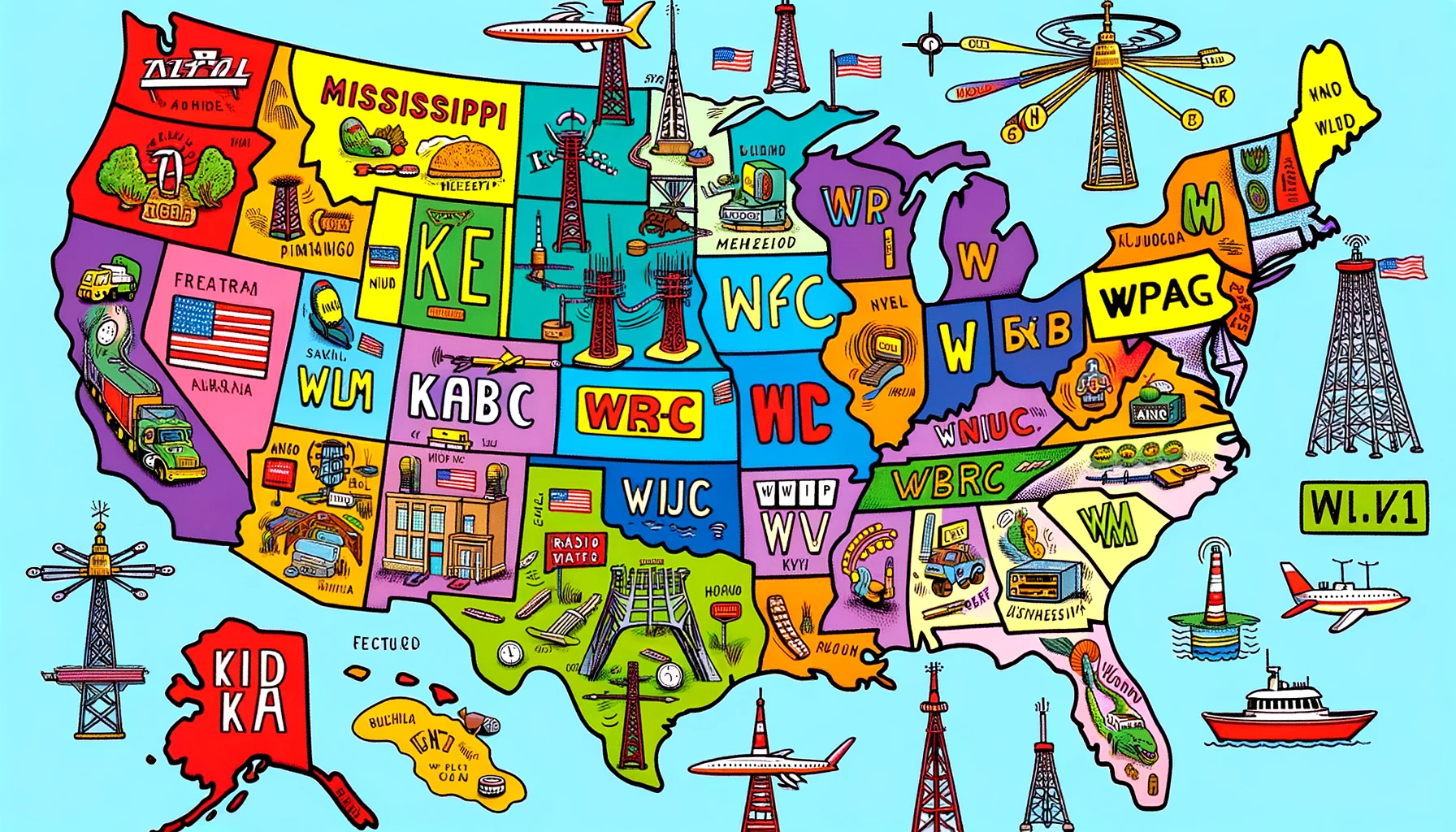 A colorful and humorous illustration of a map of the United States, with the Mississippi River prominently dividing the map. On the left side of the map (west of the Mississippi), there are radio towers with call signs starting with 'K' like KABC, and on the right side (east of the Mississippi), there are radio towers with call signs starting with 'W' like WNBC. Include a few fun, fictional call signs like WKRP and WJM. The illustration should be lively and playful, with bright colors and a cartoonish style.