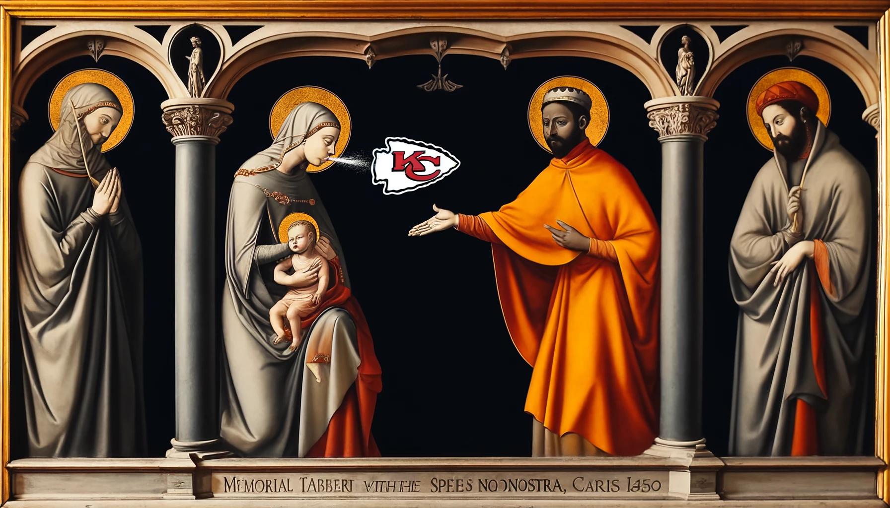 A recreation of the 'Memorial Tablet With the Visitation' by Master of the Spes Nostra, circa 1500. Instead of Mary, the figure on the left is holding a Kansas City Chiefs arrowhead logo and spitting on it. The setting remains medieval, with intricate details and a reverent atmosphere, while the figure's actions introduce a contemporary twist. The background features classical architectural elements and the other figure remains in traditional attire, adding to the historical contrast.