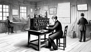 A historical illustration showing an old-fashioned telegraph operator sending Morse code messages at a telegraph station in the mid-19th century. The room is filled with equipment like a telegraph key, wires, and a Morse code chart on the wall. The operator, wearing period clothing, is focused and intently working at the telegraph machine. The style should resemble a vintage 19th-century drawing, conveying the atmosphere of the era.