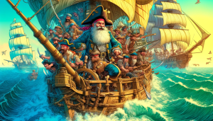 A vibrant, full-frame 16:9 illustration of a bustling pirate ship scene, featuring multiple cartoonish sailors, including an old sailor with a white beard in a traditional outfit at the helm. The ship is navigating choppy seas, with sailors performing various tasks like hoisting sails, shouting orders, and swabbing the deck. The pirate ship's sails are fully visible, billowing in the wind, with a Jolly Roger flag flying prominently. The scene is filled with action, color, and humor, capturing the essence of a lively nautical adventure, without borders or color bars.